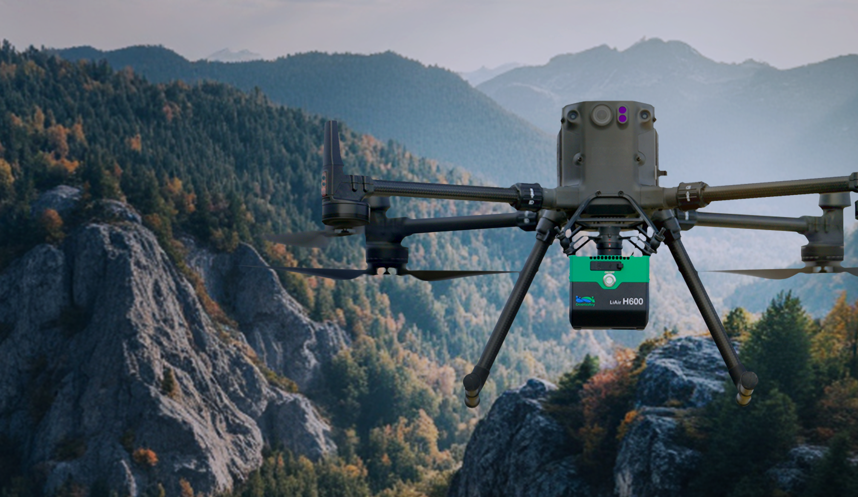 LiAir H600 UAV LiDAR payload in flight over mountain landscape