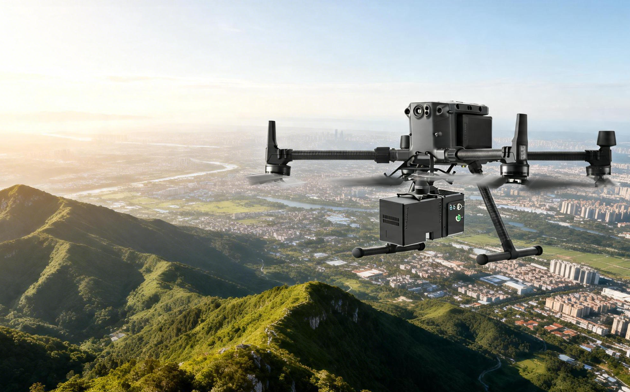 LiAir H600 Pro UAV LiDAR payload in flight over mountains and city