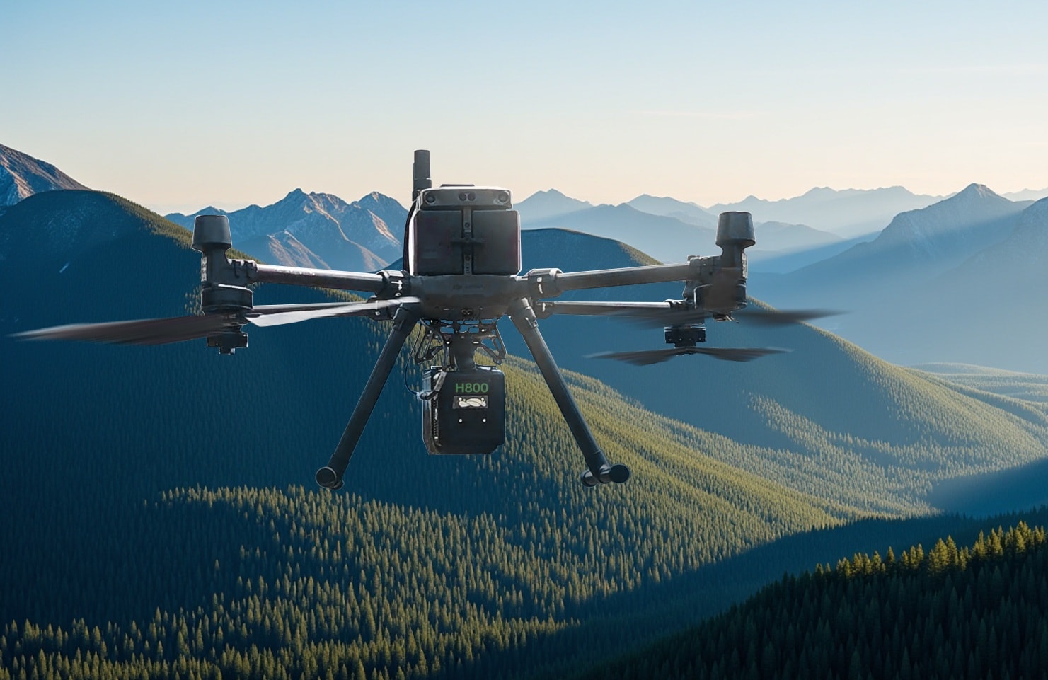 LiAir H800 hexacopter UAV LiDAR in flight over mountain forest