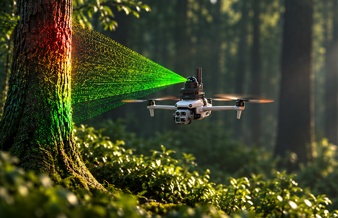 LiAir X Mini compact drone LiDAR scanning in forest environment
