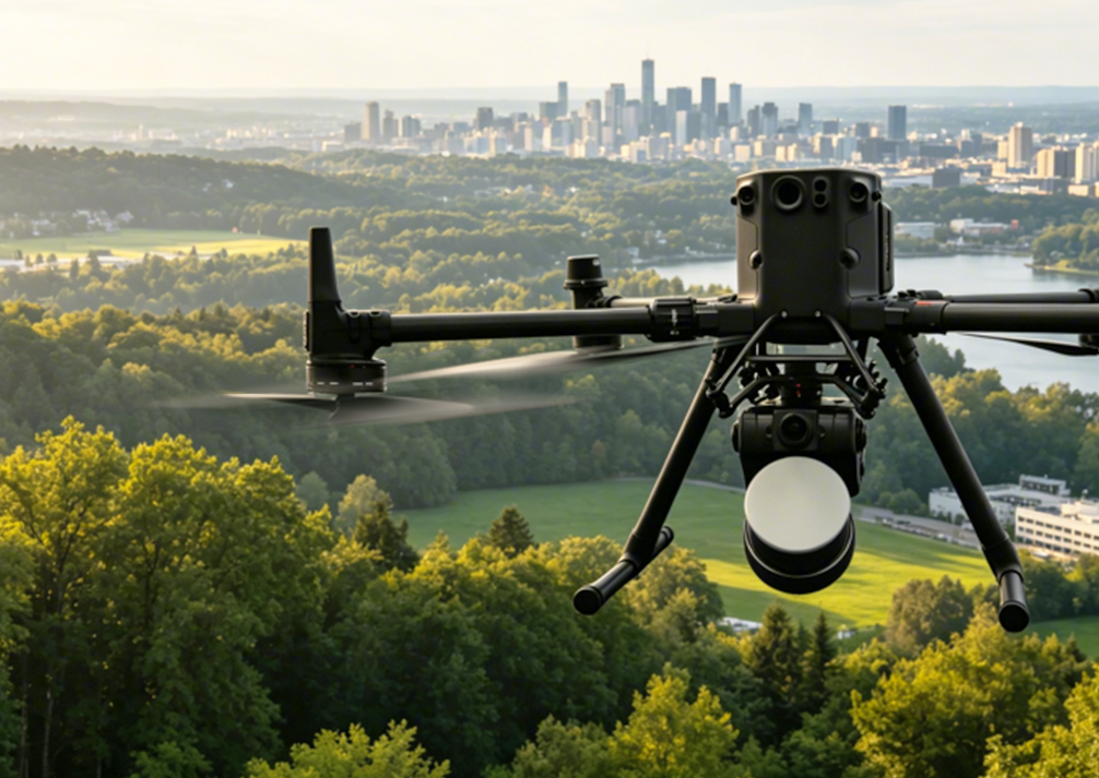 LiAir X4 Plus UAV LiDAR in flight over city and river landscape